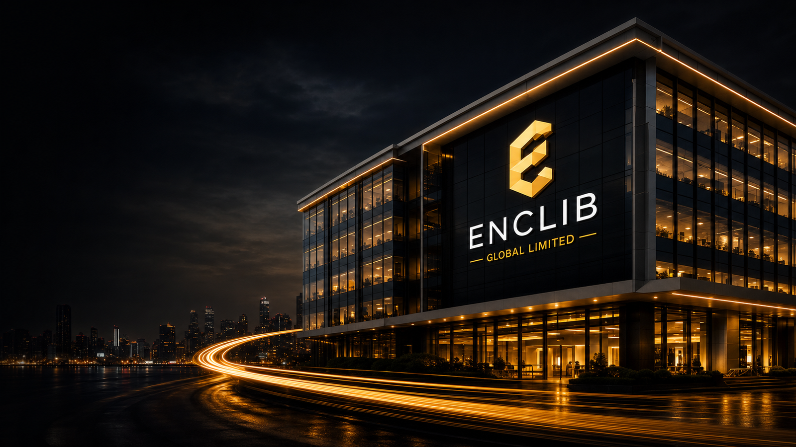 Illuminated ENCLIB GLOBAL LIMITED glass headquarters at night